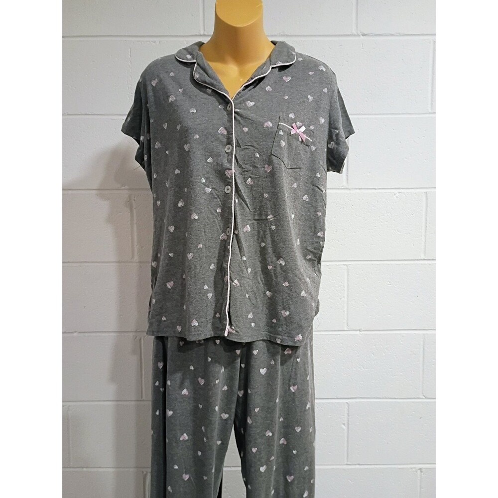 Laura Ashley Women's Gray Pink Heart Print Pajama Set Short Sleeve Top Pants L